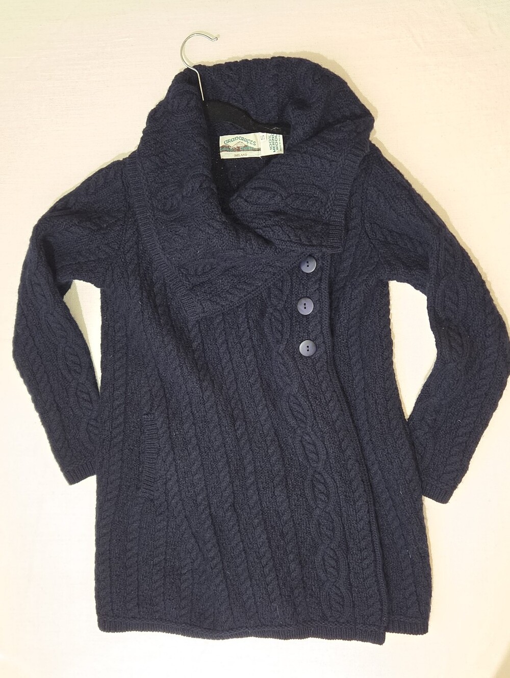Aran Crafts Navy Chunky Cable Knit Wool Sweater Coat Cardigan